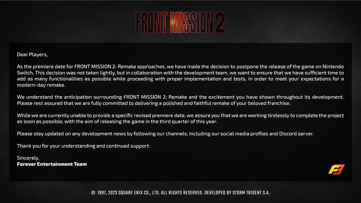 Релиз Front Mission 2: Remake перенесен