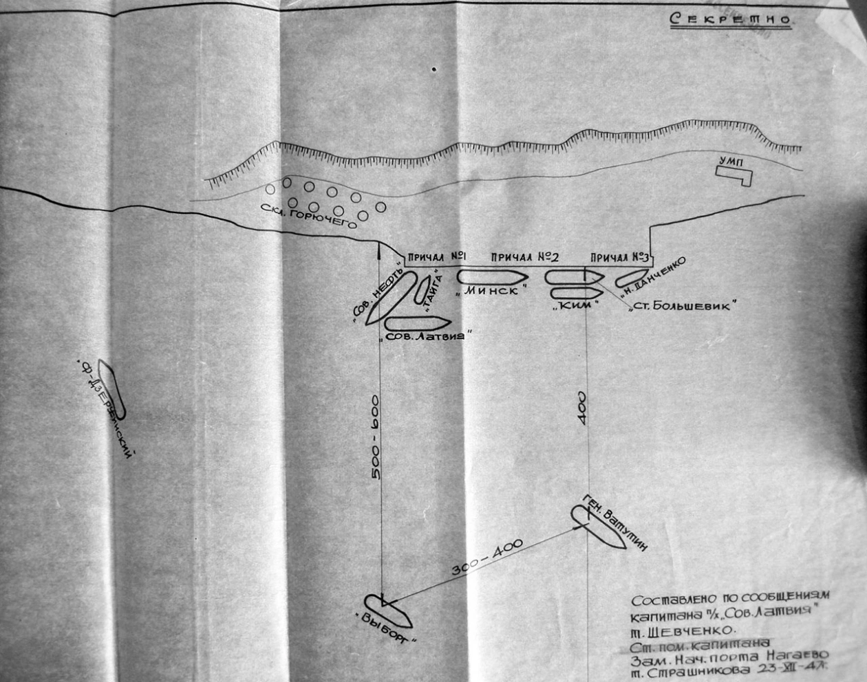 Схема расположения судов у причала морского торгового порта в бухте Нагаева на 19 декабря 1947 года. Составлено по словам капитана