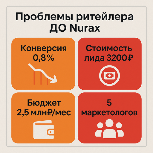 Инфографика проблем ритейлера до Nurax: конверсия 0,8%, стоимость лида 3200 рублей, бюджет 2,5 млн рублей в месяц, 5 маркетологов
