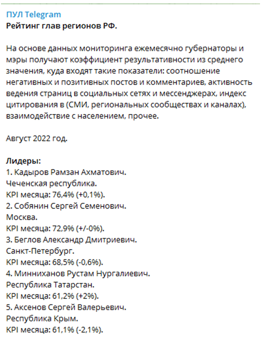 Телеграм пул 3. KPI губернатора. Пул телеграмм. Показатели результативности губернаторов России. Законы Беглова.