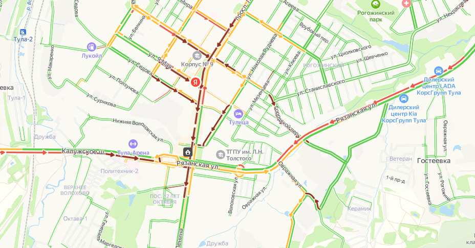 Городской транспорт на карте тула