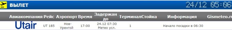 Вылет самолета из Нижневартовска состоится 24 декабря в 7:30