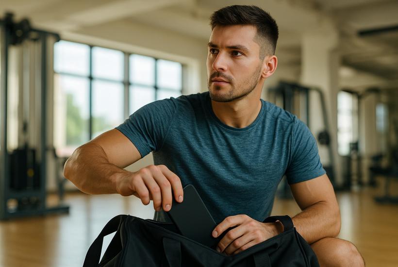 Спортсмен убирает телефон перед тренировкой