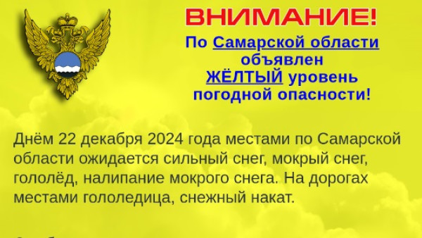 Жителям Самарской области не рекомендуют покидать дома 22 декабря