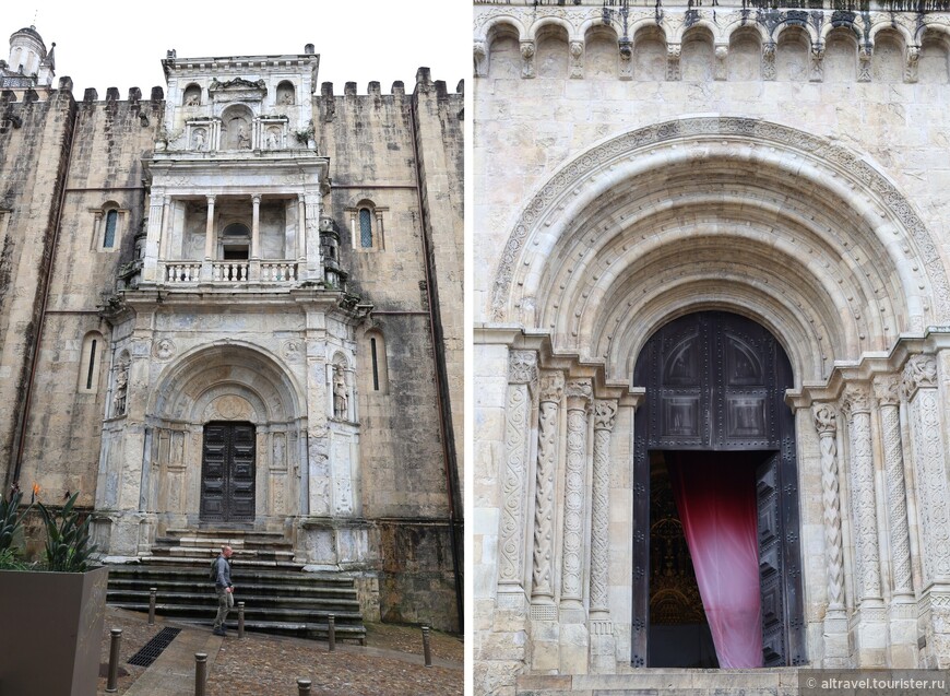 Порта Эспециоза (слева) в стиле раннего Возрождения авторства Жана де Руан (1500–1580) — французского скульптора и архитектора, работавшего в Португалии с 1528 по 1580 год. На фото справа - портал со стороны фронтона собора.