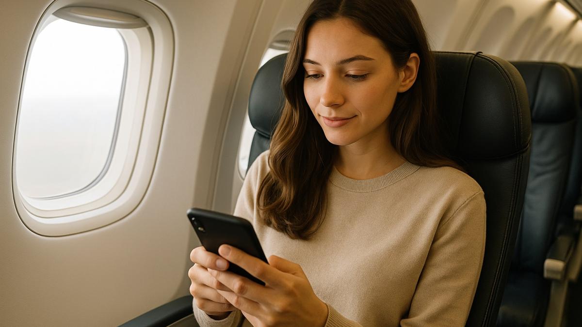 Девушка с телефоном в самолете