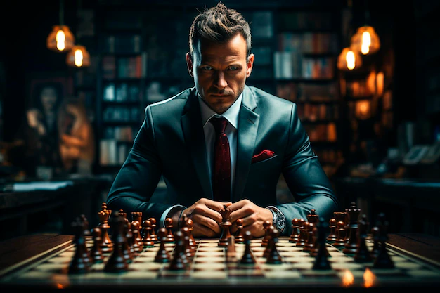 Young handsome man sitting on chess board and chess pieces in the roomgenerative ai