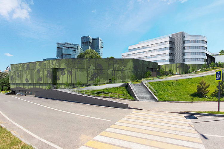 Архитекторы «Татинвестгражданпроекта» предложили два варианта нового прочтения фасадов здания гаража кабмина РТ. Выбор сделан в пользу наиболее экономичного варианта. Главной задачей было сделать здание утилитарного назначения максимально незаметным и вписанным в контекст застройки