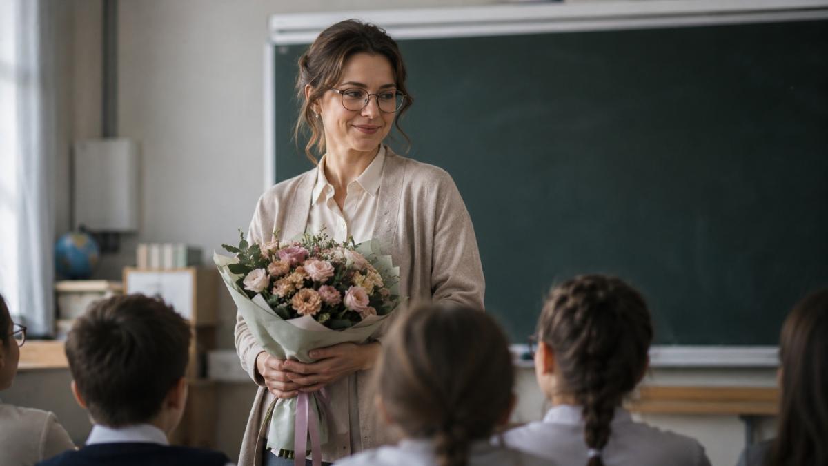 Учитель с букетом
