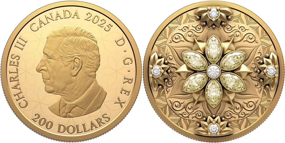 Золотая монета с алмазами номиналом 200 долларов. Канада