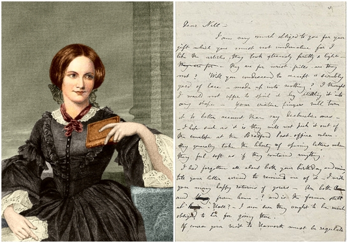 Слева направо: Шарлотта Бронте, портрет 1873 года. Письмо Шарлотты своей подруге Эллен Насси, 1844 год.