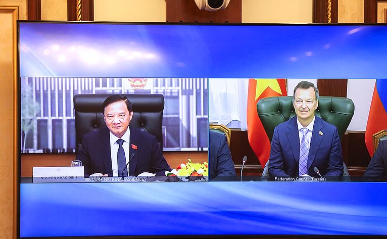 Первый заместитель Председателя Совета Федерации Андрей Яцкин и заместитель Председателя Национального собрания Социалистической Республики Вьетнам Нгуен Кхак Динь провели совместное заседание групп по межпарламентскому сотрудничеству в онлайн-формате