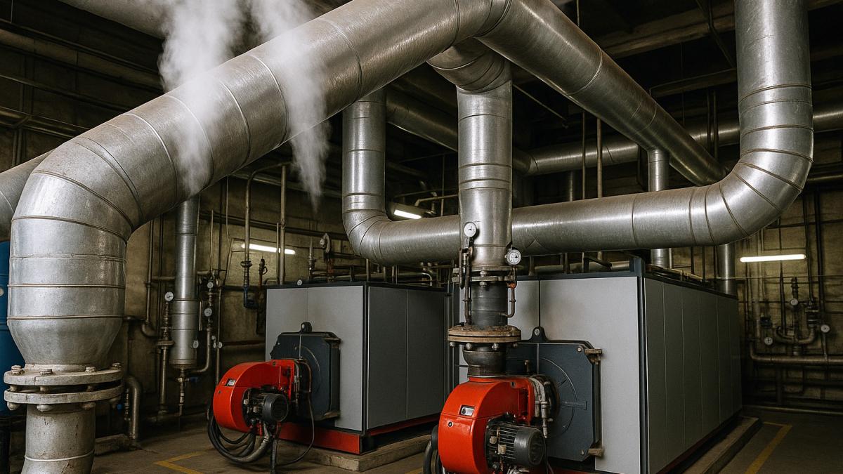 трубы и пар в котельной