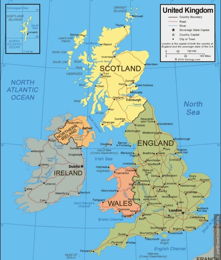 Карта Великобритании и ее составные части - Англия, Уэльс, Северная Ирландия и Шотландия