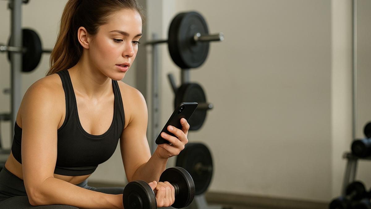 Девушка с гантелей смотрит в смартфон