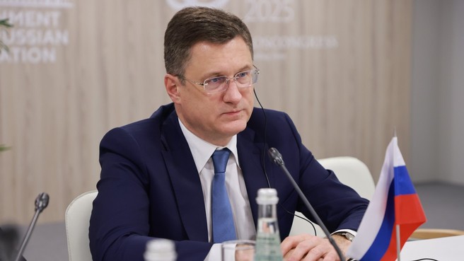 Заместитель Председателя Правительства России Александр Новак на встрече с Генеральным секретарём ФСЭГ Мохамедом Хамелем в рамках «Российской энергетической недели»