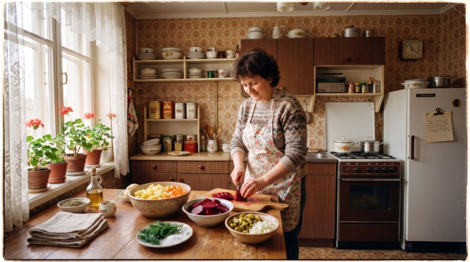 Фото: Сгенерировано ИИ | Тест: Заглянем на советскую кухню! Что лежало в холодильнике граждан СССР? Вспомните?