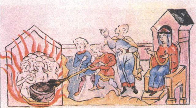 Месть Ольги древлянам. Миниатюра из Радзивилловской летописи. XV век
