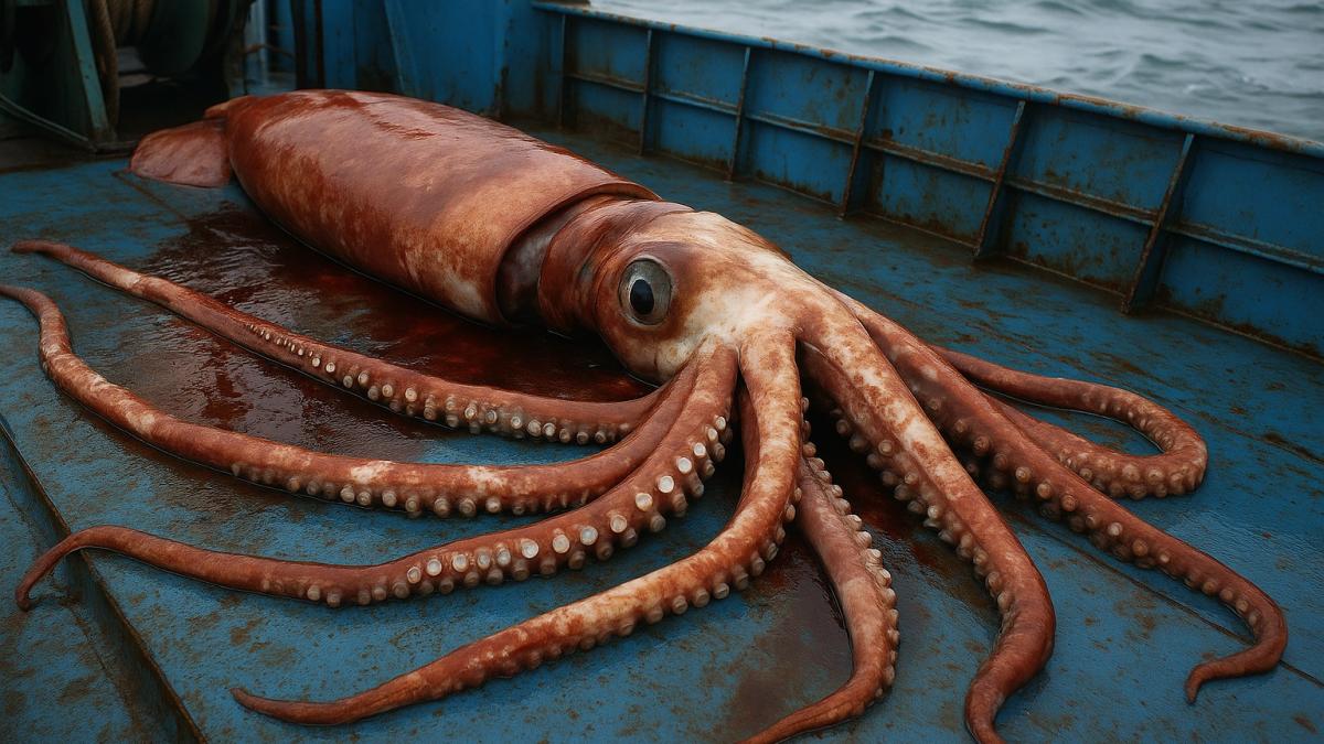 Кальмар на палубе рыболовного судна