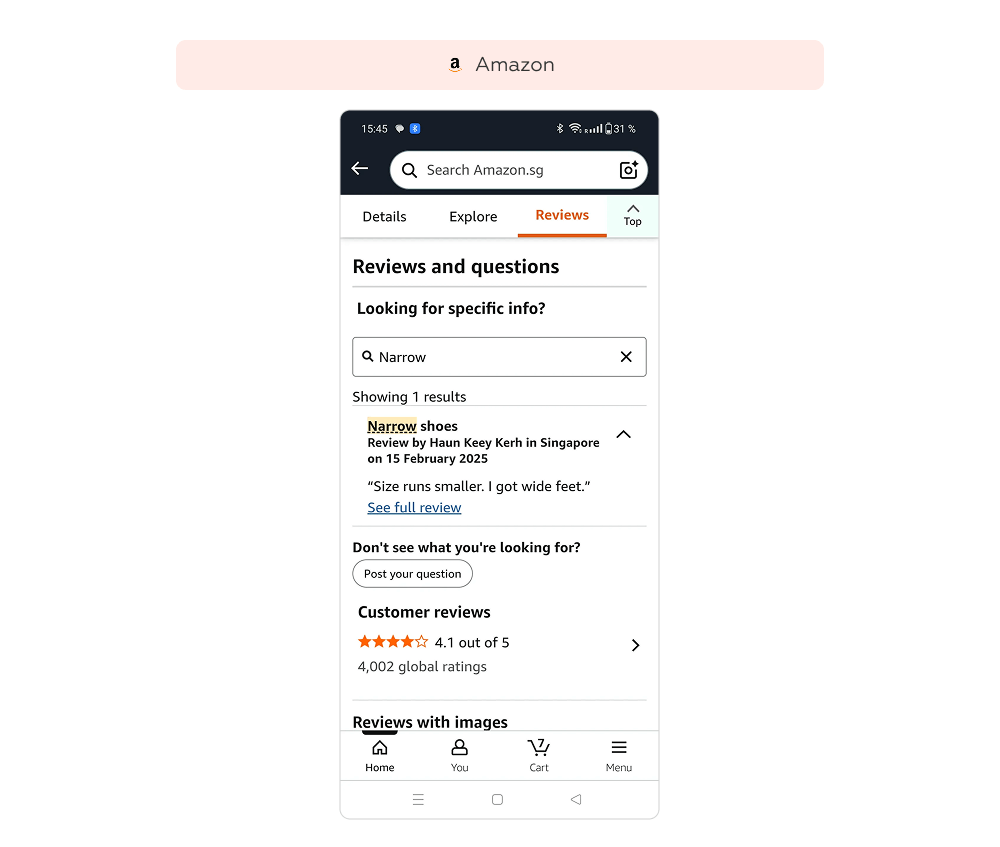Как реализован поиск по отзывам в карточках товаров Amazon