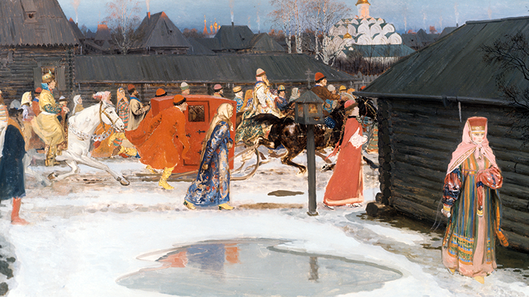 Репродукция картины «Свадебный поезд в Москве» художника Андрея Рябушкина.