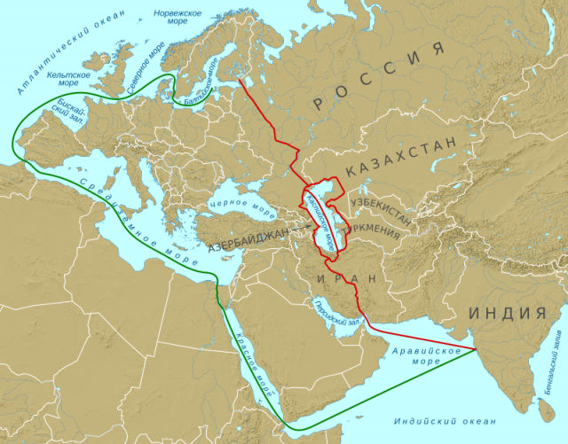 Международный транспортный коридор Север — Юг. Красная линия — маршрут коридора