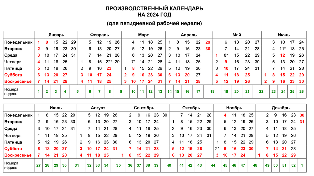 График на 2024 с выходными и праздниками