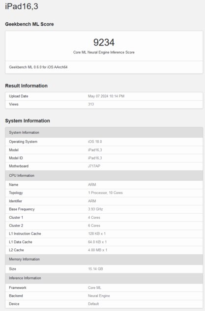 NPU Apple M4 в тесте ML Geekbench оказался примерно на 24% быстрее М2
