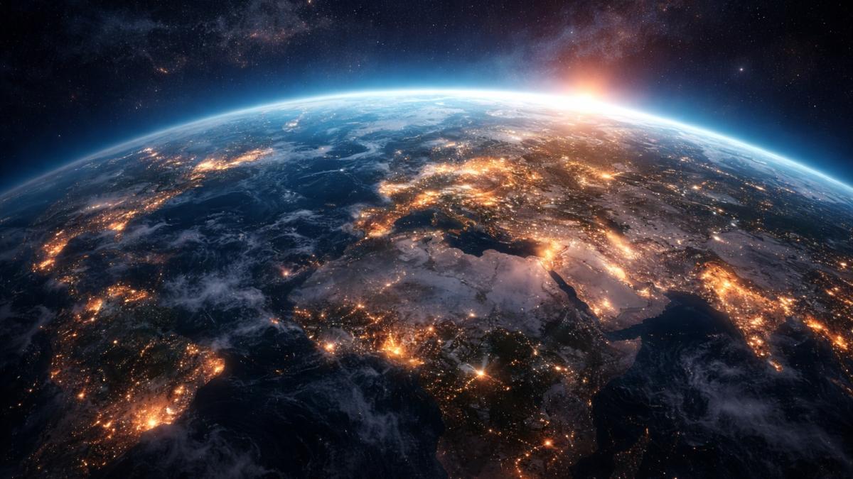 Вид Земли из космоса на фоне огней городов