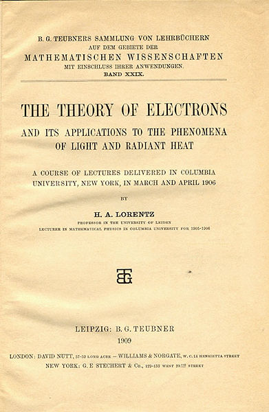 «Теория электронов» Лоренца. Издание 1909 года. Источник: Wikimedia Commons