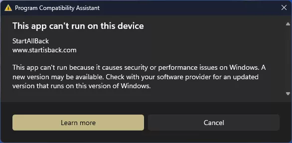 Microsoft не даёт обновлять Windows 11, если установлено приложение StartAllBack