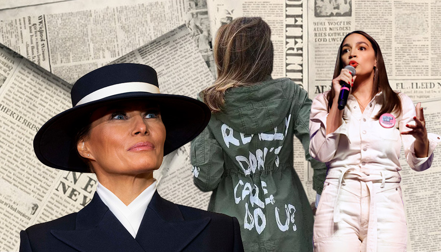 Слева направо: Мелания Трамп в шляпе от дизайнера Эрика Джависта, Мелания Трамп в куртке с надписью «Мне действительно все равно, а вам?», Александрия Окасио-Кортес