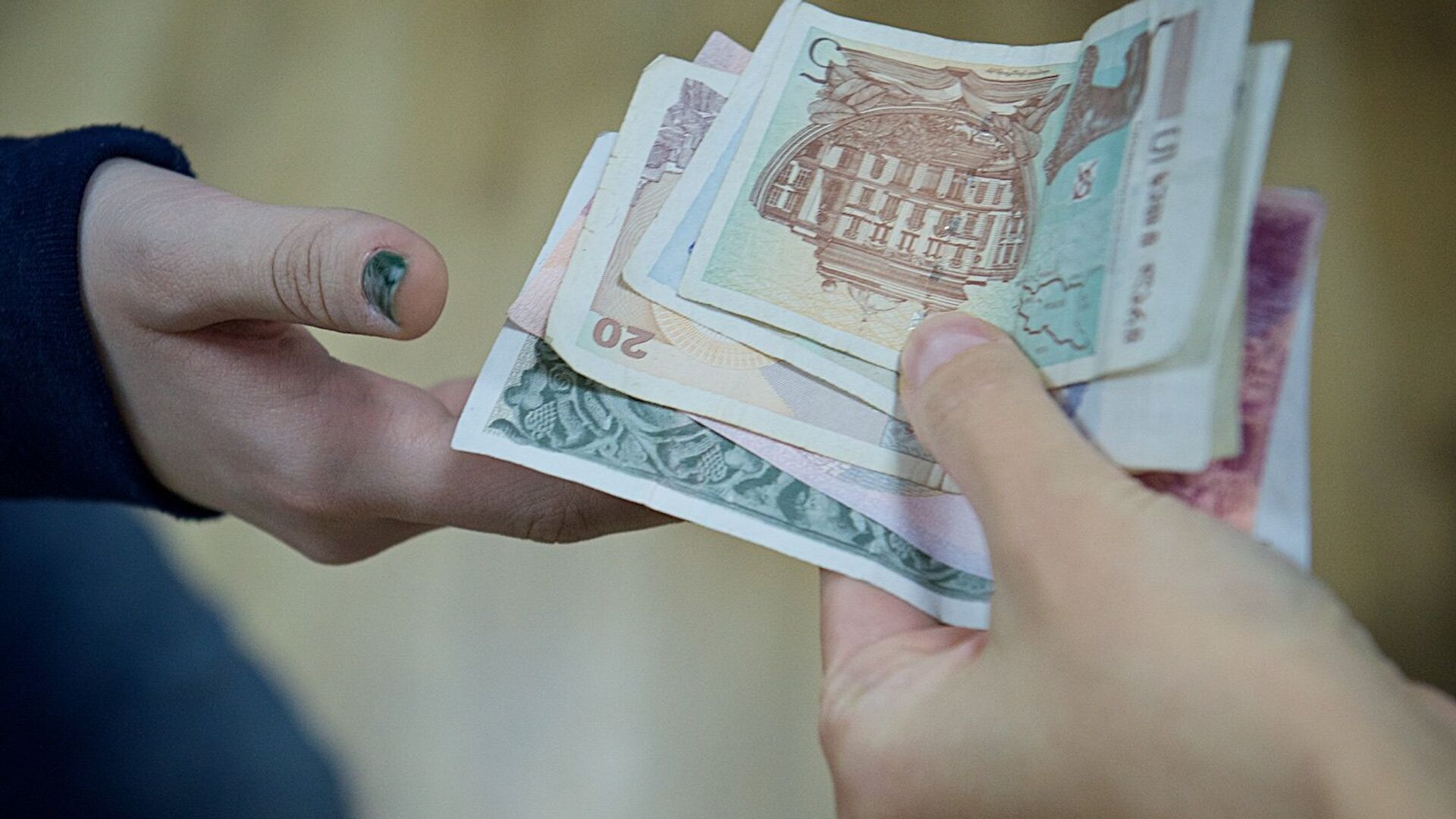 Люди передают друг другу купюры грузинской валюты лари различного номинала - Sputnik Грузия, 1920, 16.12.2024