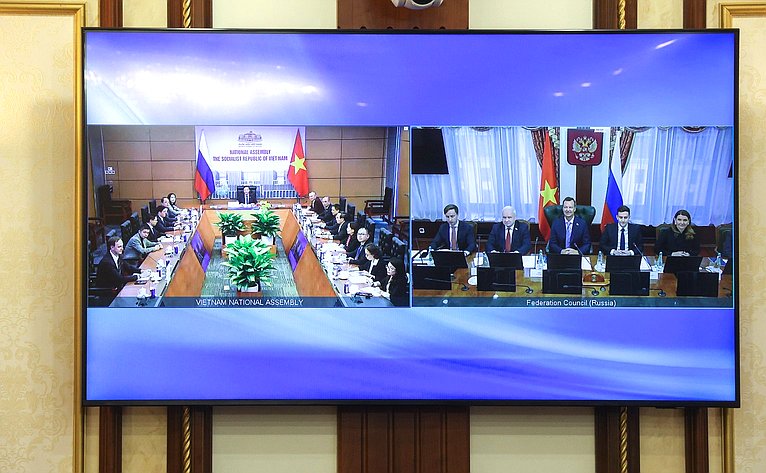 Первый заместитель Председателя Совета Федерации Андрей Яцкин и заместитель Председателя Национального собрания Социалистической Республики Вьетнам Нгуен Кхак Динь провели совместное заседание групп по межпарламентскому сотрудничеству в онлайн-формате