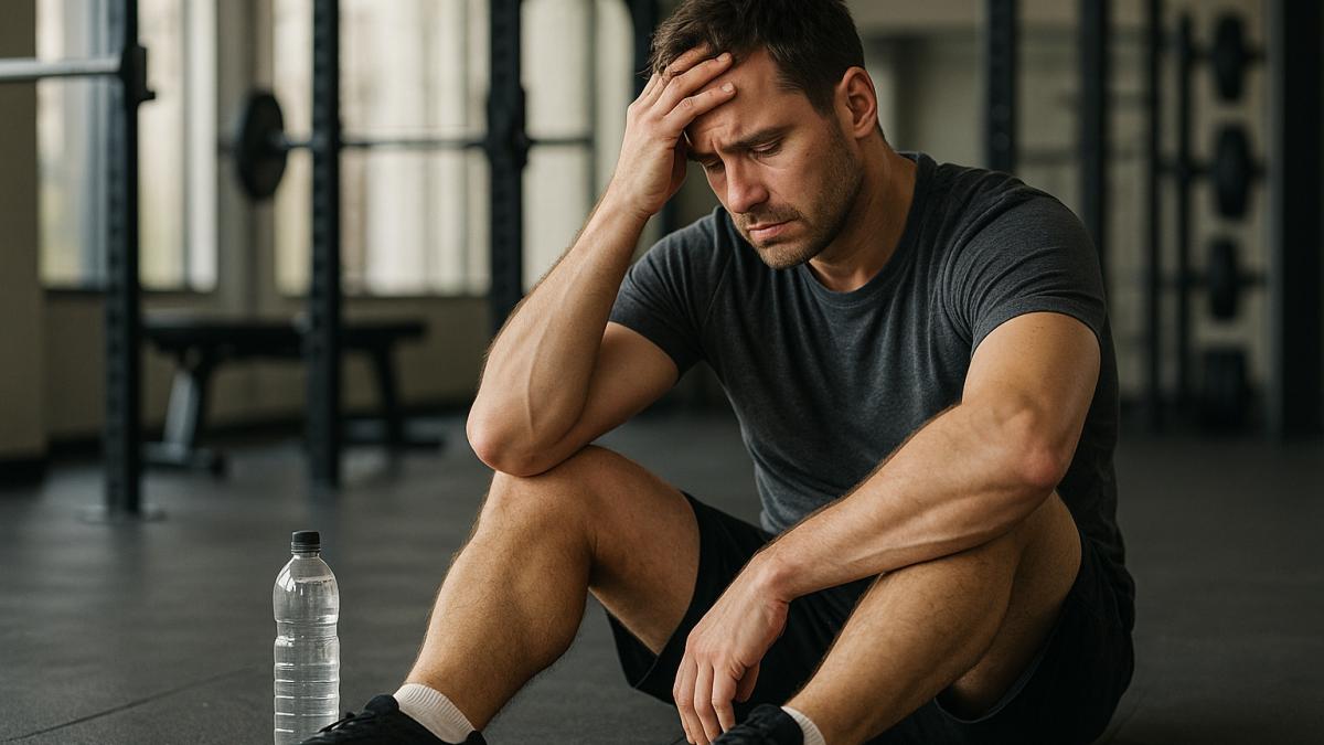 Мужчина с похмелья в спортзале