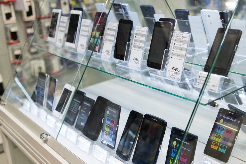 Moscow, Russia - February 02. 2016. Smartphones in storefront of Eldorado. large chain stores selling electronics