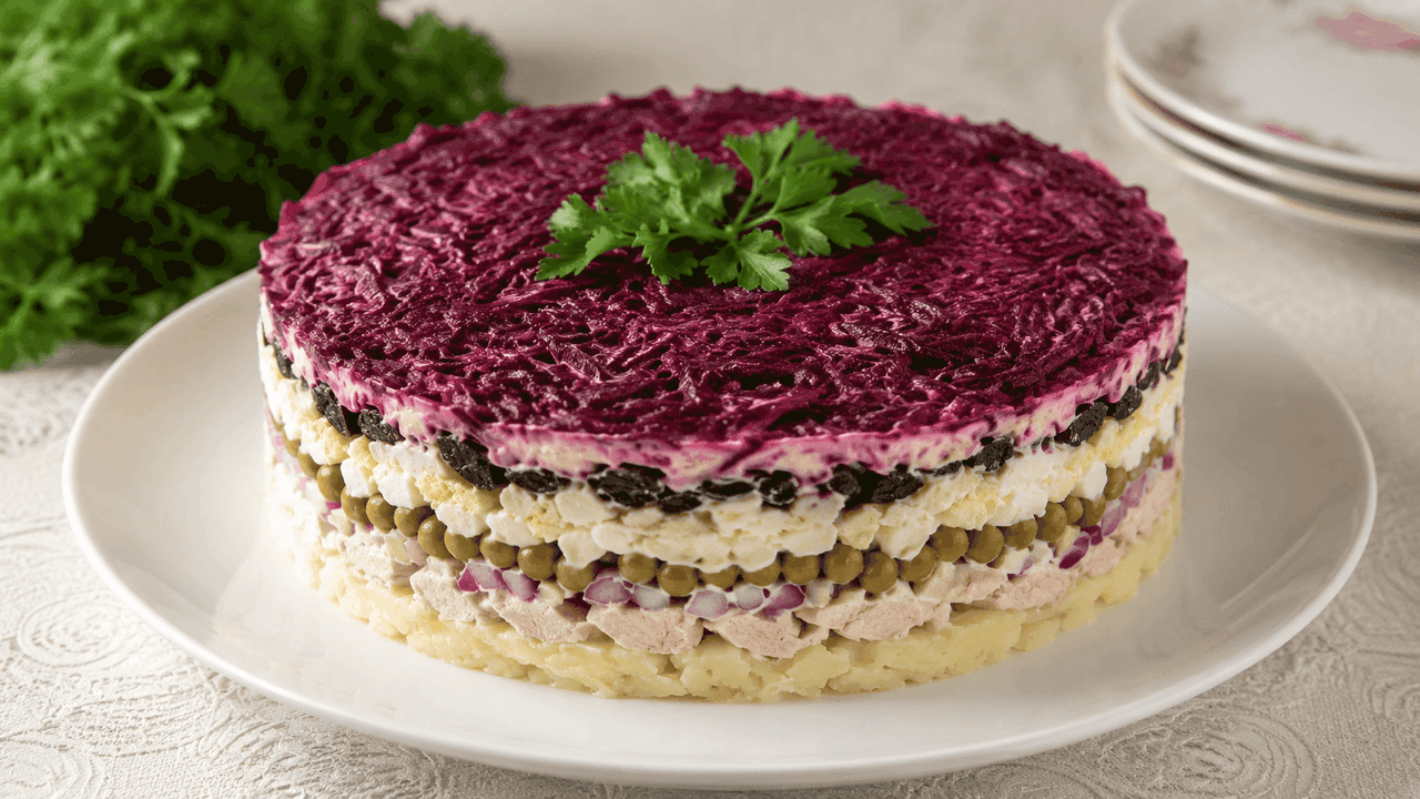 Этот яркий слоёный салат с курицей и неожиданно...