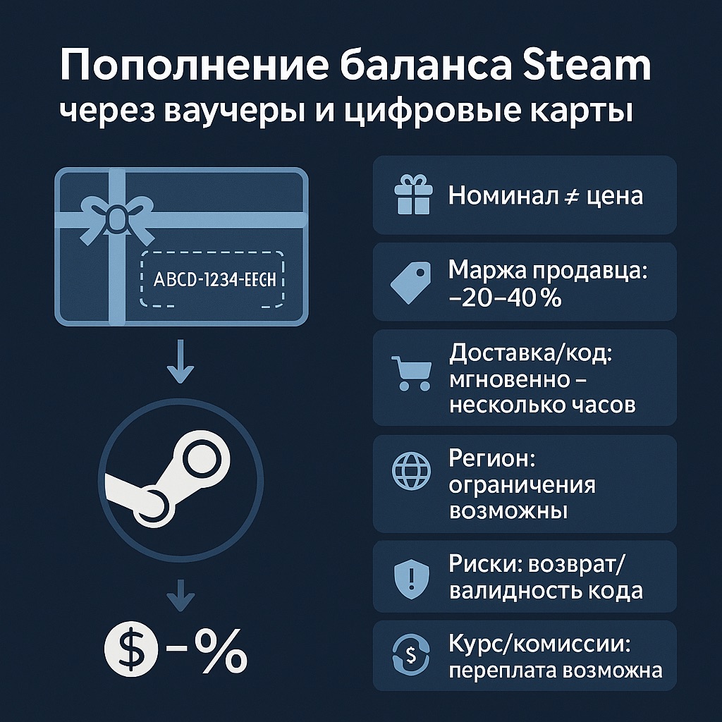 Пополнить баланс Стим через ваучеры и цифровые карты