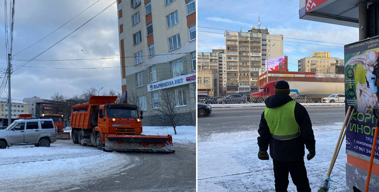 Утром и днем корреспондент увидел три уборочных машины и пару дорожников