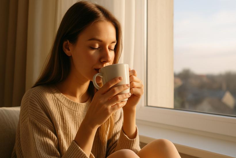Девушка утром пьет кофе у окна