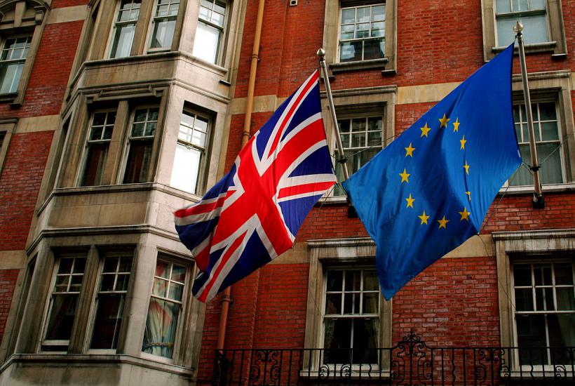 The Union Jack and the european flag in a building of London