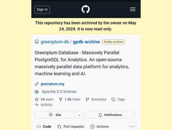 На скриншоте: Страница Greenplum Database в репозитории GitHub 24 мая 2024 г. превратилась в памятник