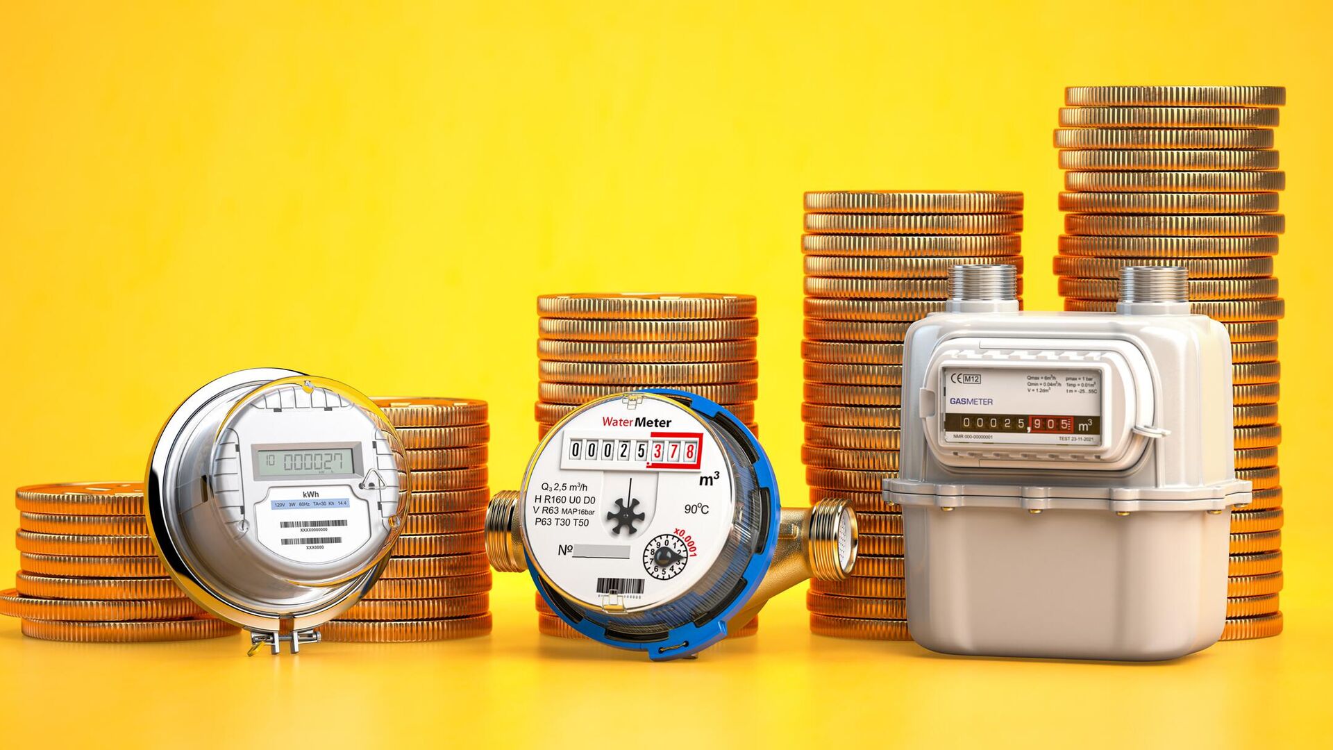 Счетчики воды, газа и электричества на фоне монет - Sputnik Азербайджан, 1920, 11.05.2025