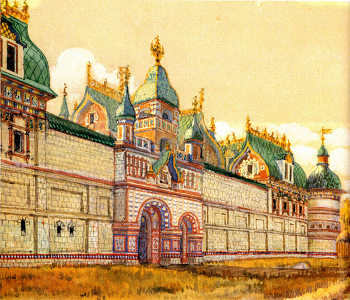 Кадашевского двора в период его расцвета воссоздал историк архитектуры М.П. Кудрявцев; изображение из книги «Москва — Третий Рим» (1994)