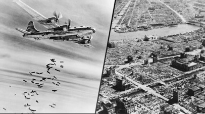 Бомбардировщики B-29, использовавшиеся во время налёта / Уничтоженные жилые кварталы Токио