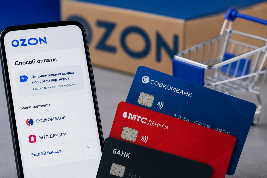 Ozon теперь дает скидки тем, кто платит картами Совкомбанка и МТС Деньги. Еще 28 банков - на подходе