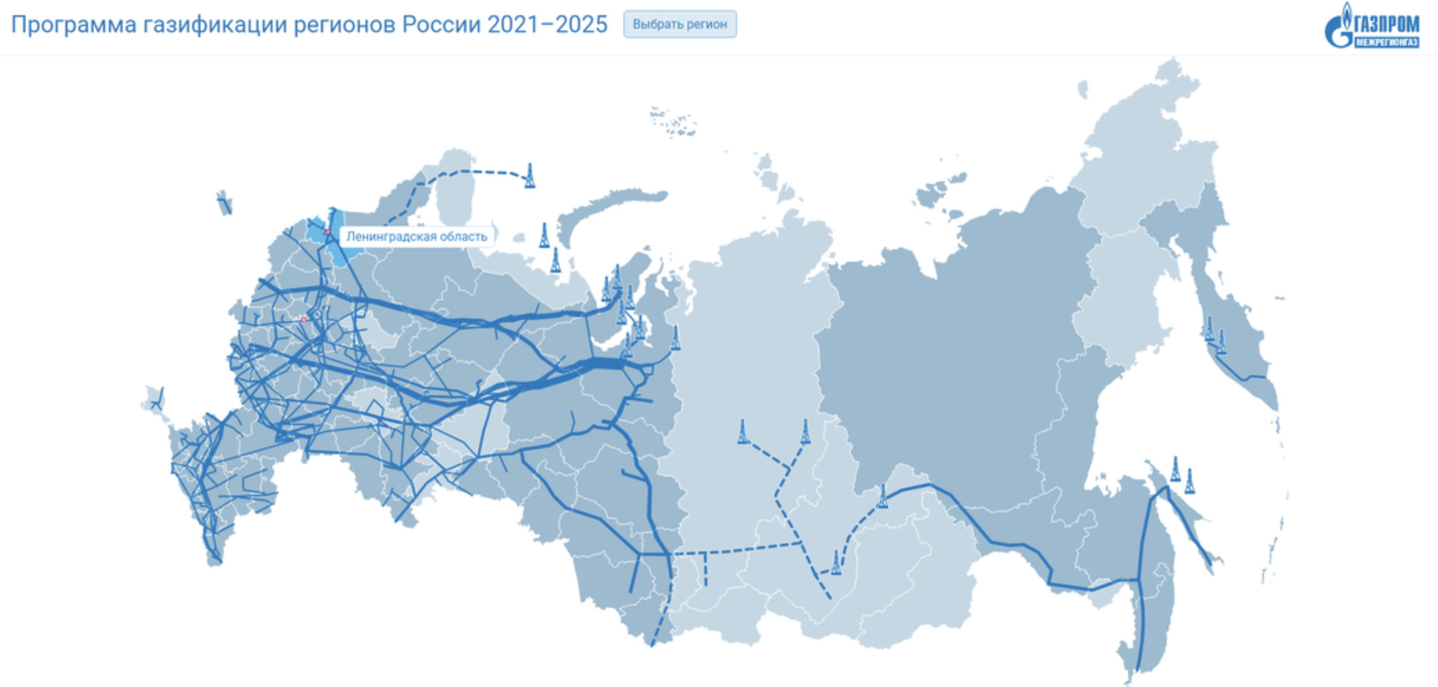 Газовые системы западной и восточной частей России до сих пор друг с другом не связаны. Пунктирными линиями обозначены лишь перспективные направления