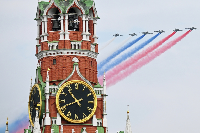 Штурмовики Су-25 на репетиции воздушной части парада в Москве в честь 81-й годовщины победы в Великой Отечественной войне