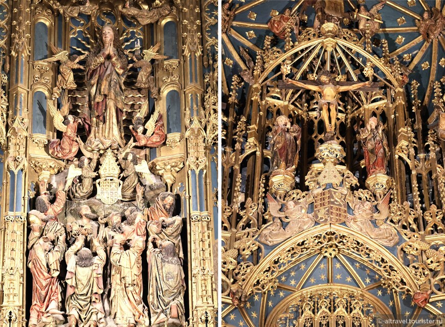 Распятый Христос и звездный балдахин занимают верхнюю часть алтаря.