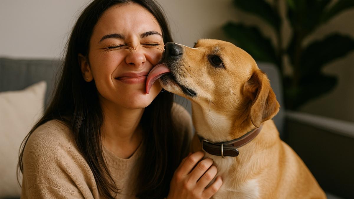 Собака облизывает хозяйку